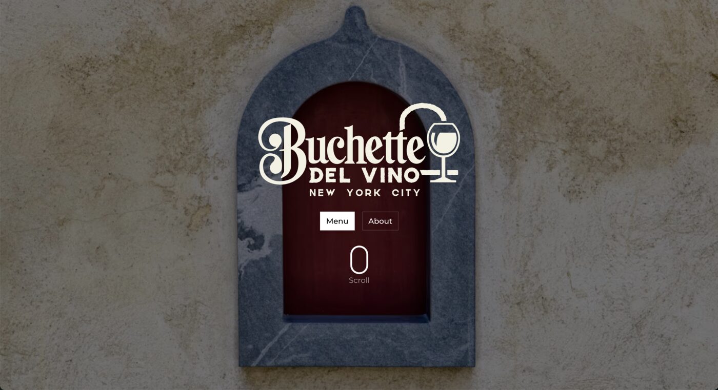 Buchette del Vino NYC website homepage, showing the wine-window logo set into a stone archway graphic.