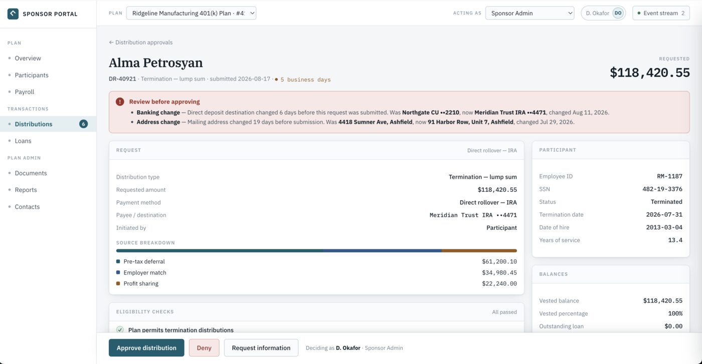 401(k) plan sponsor portal — a distribution approval screen showing participant details, source breakdown, and pre-approval flags for a banking and address change.
